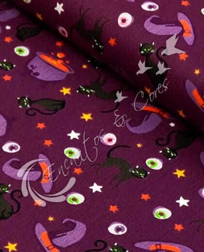 TECIDO ESTILOTEX ESTAMPADO PARA PATCHWORK HALLOWEEN ROXO GATO 1MT