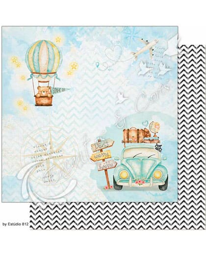 PAPEL SCRAPBOOK LITOARTE DUPLA FACE SD-1136 VIAGEM FUSCA BALAO URSO AVIAO