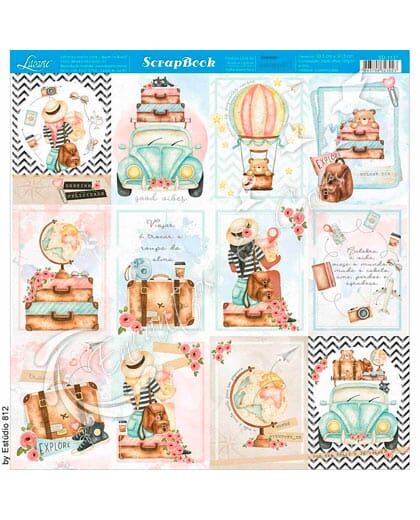 PAPEL SCRAPBOOK LITOARTE DUPLA FACE SD-1137 VIAGEM CARDS- POSTAIS FOTOS